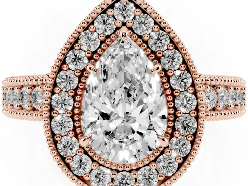 Pear Cut Diamond Halo Ring Set in Rose gold with Round Accent Halo, Pavé Band and Prong Setting