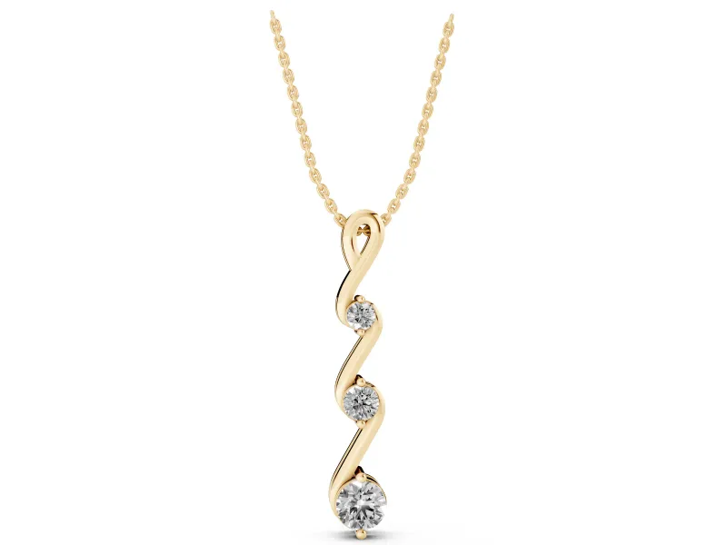 Round Lab-Grown Diamond Three-Stone Vertical Zigzag Pendant Necklace | Loop Bail | Yellow Gold