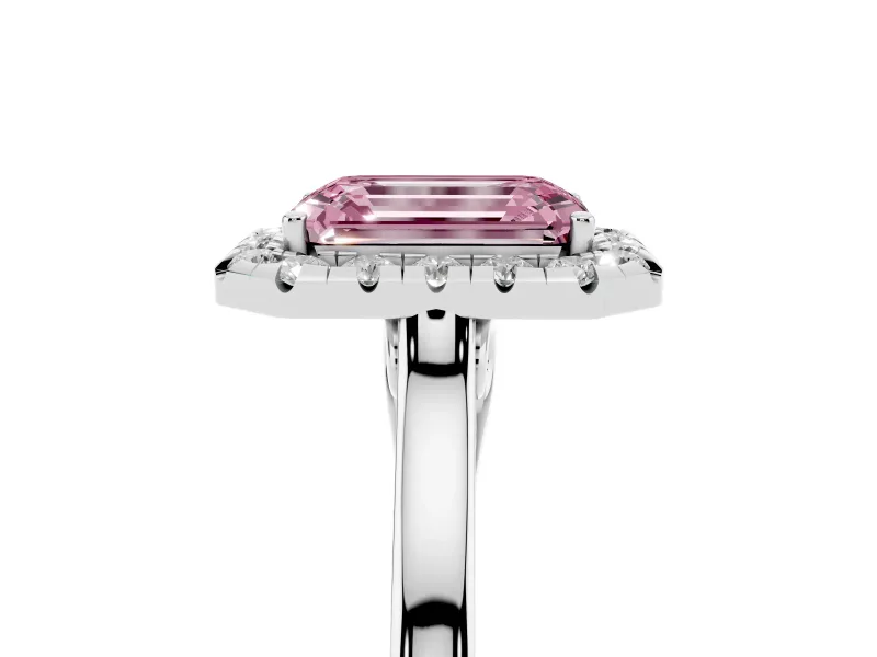 Fancy Pink Emerald Cut Halo Round Diamond Solitaire Ring Set in Platinum with Pavé Band and Prong Setting