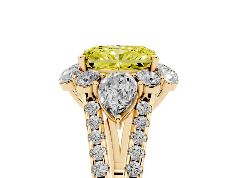 Radiant Cut Scalloped Halo Engagement Ring Setting for a Fancy Yellow Lab-Grown Diamond | Pear Side Stones | Yellow Gold