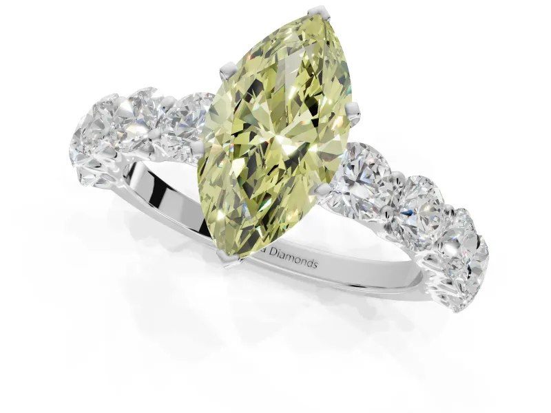 Marquise Side Stone Engagement Ring Setting for a Fancy Yellow Lab-Grown Diamond | Scalloped Prong Accents | White Gold