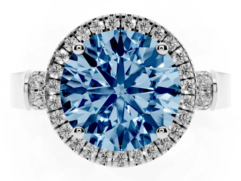 Round Pavé Halo Engagement Ring Setting for a Fancy Blue Lab-Grown Diamond | White Gold