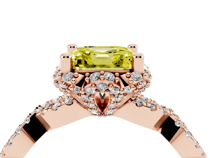 Fancy Yellow Asscher Cut Diamond Halo Twist Band Solitaire Ring Set in Rose gold with Prong-Set Center Stone