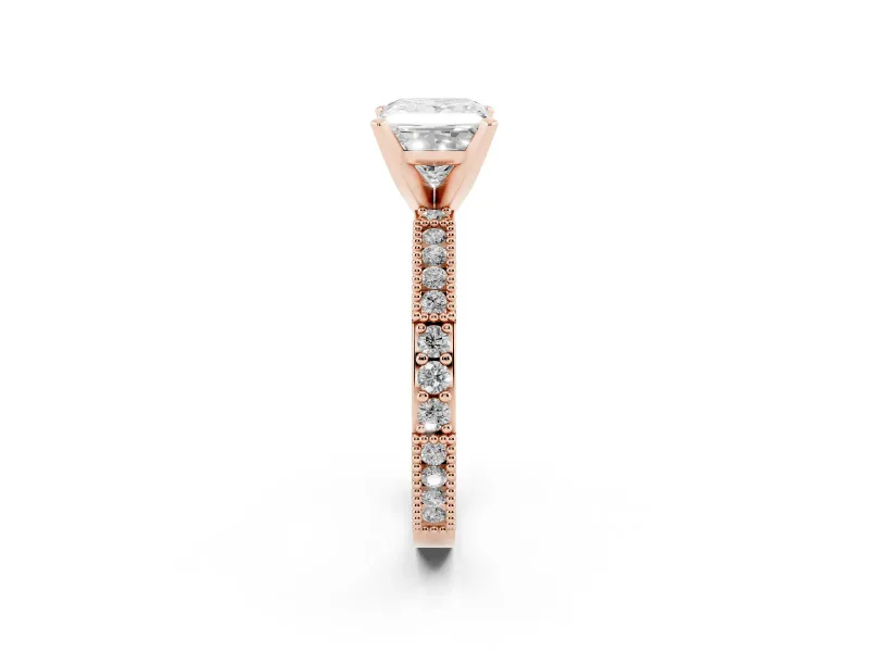 Princess Cut Diamond Solitaire Ring Set in Rose gold with Slim Pavé Band and Prong Setting