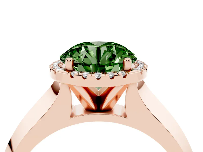 Fancy Green Round Cut Diamond Halo Ring Set in Rose gold with Cathedral Band and Prong Setting