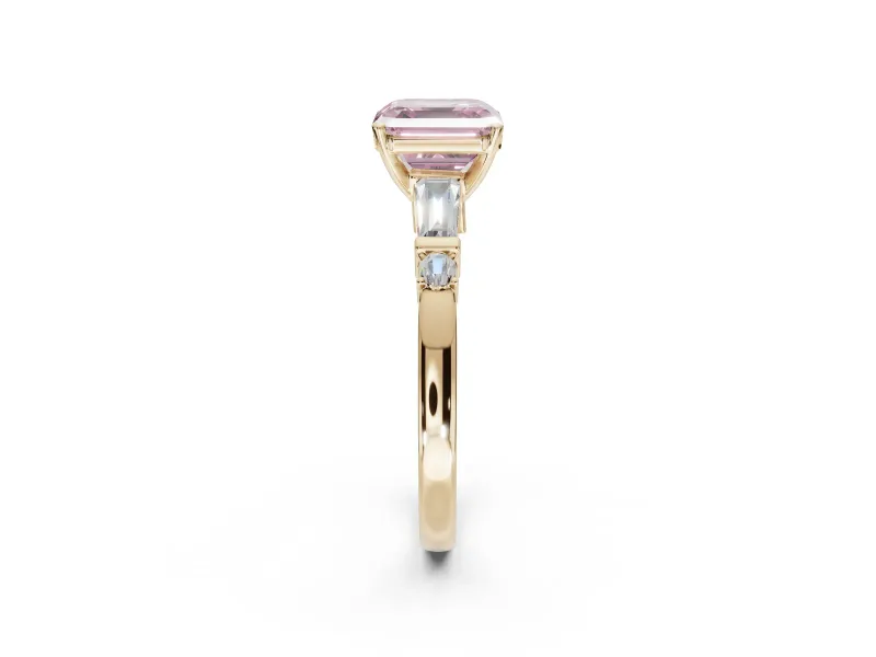 Asscher Cut Tapered Baguette Engagement Ring Setting for a Fancy Pink Lab-Grown Diamond | Bar Set Sides | Yellow Gold