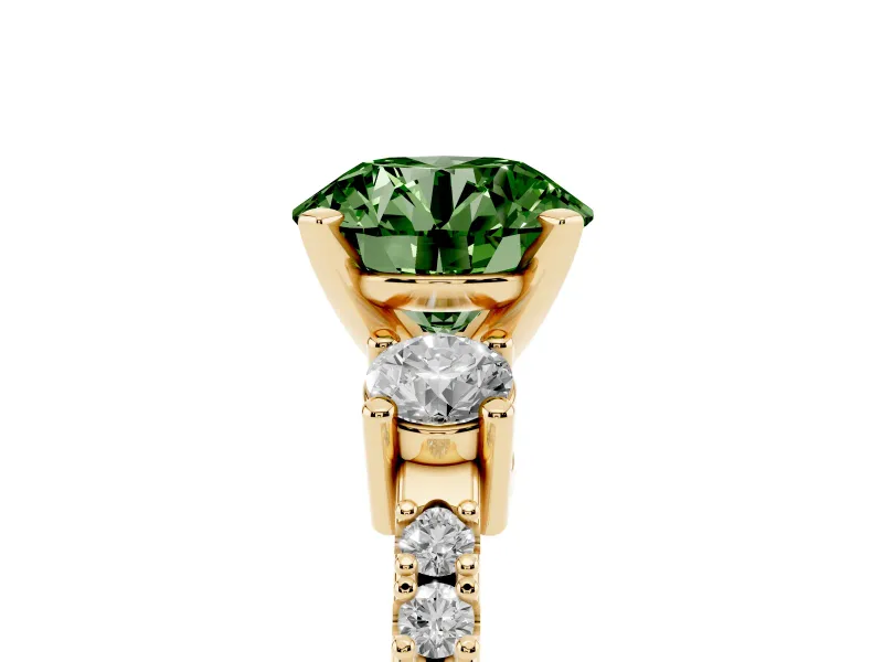 Fancy Green Three-Stone Round Cut Diamond Pavé Band Ring Set in Yellow gold with Prong Setting