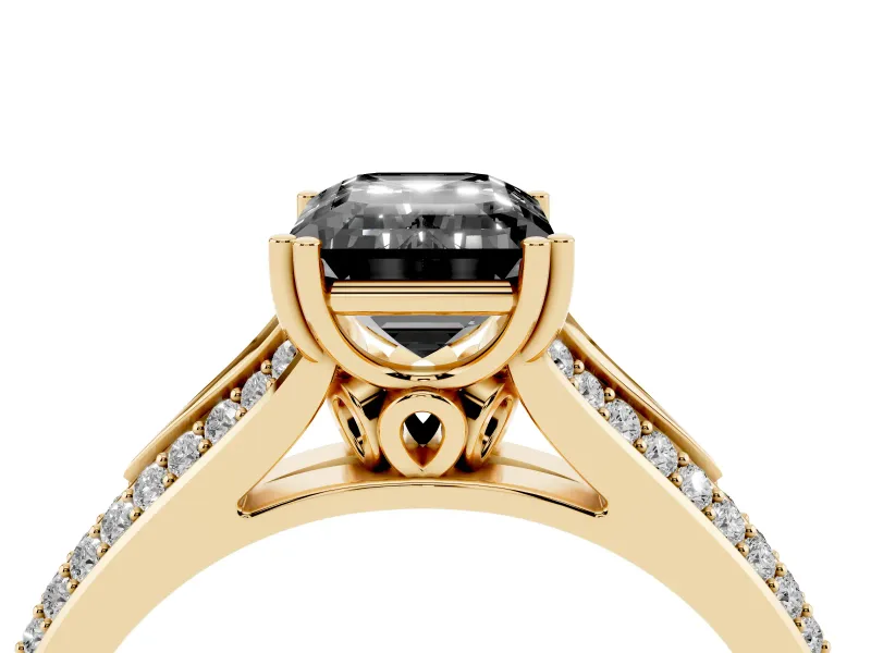 Emerald Cut Split Shank Engagement Ring Setting for a Black Center | Pavé Band | Yellow Gold