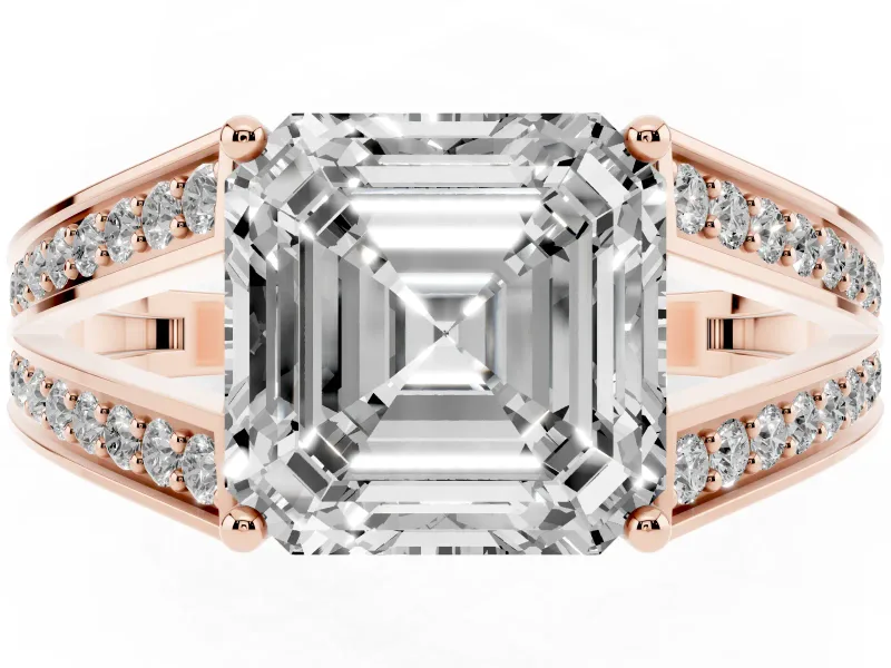 Asscher Cut Diamond Split Shank Ring Set in Rose gold with Pavé Band and Prong Setting