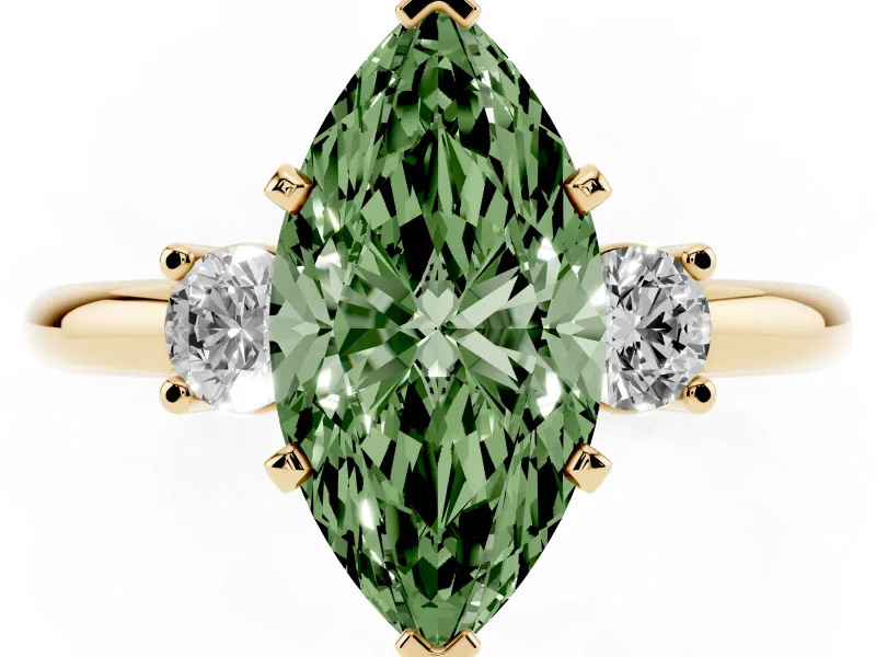 Marquise Three Stone Engagement Ring Setting for a Fancy Green Lab-Grown Diamond | Round Side Stones | Yellow Gold