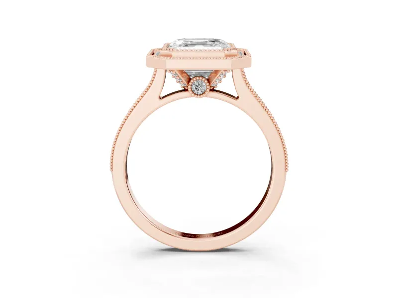 Asscher Cut Vintage Milgrain Halo Engagement Ring Setting | Bezel Head | Rose Gold