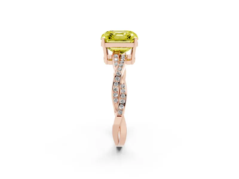 Fancy Yellow Asscher Cut Diamond Solitaire Twisted Pavé Ring Set in Rose gold with Prong Setting