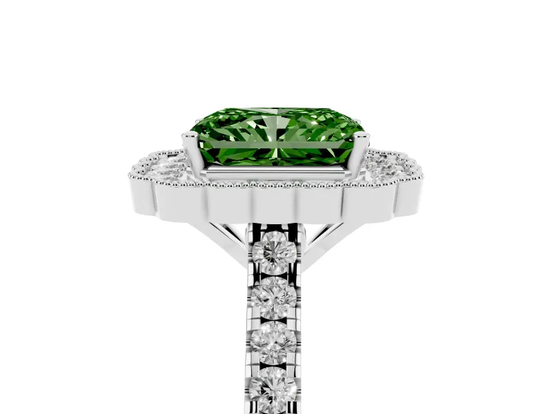 Fancy Green Radiant Cut Diamond Milgrain Floral Halo Engagement Ring Set in Platinum with Pavé Band