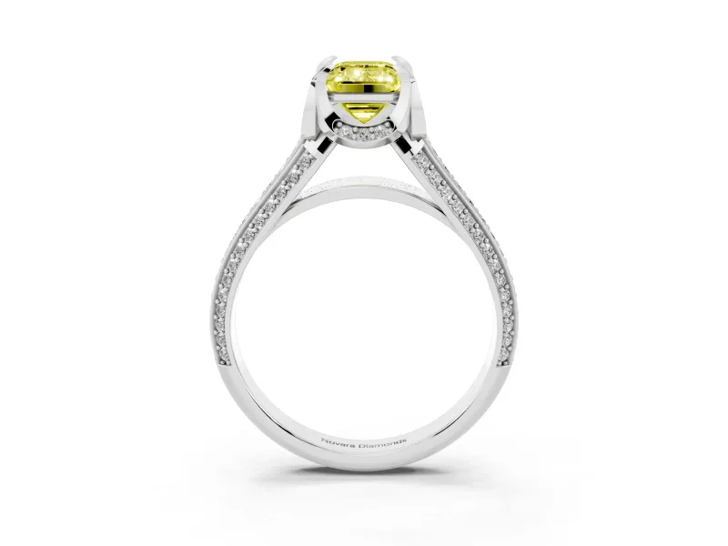 Fancy Yellow Emerald Cut Diamond Pavé Split Shank Solitaire Ring Set in Platinum with Prong Setting