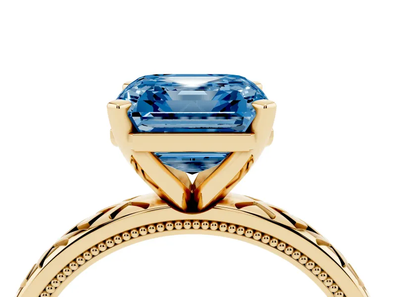 Asscher Cut Vintage Milgrain Engagement Ring Setting for a Fancy Blue Lab-Grown Diamond | X Pattern Band | Yellow Gold
