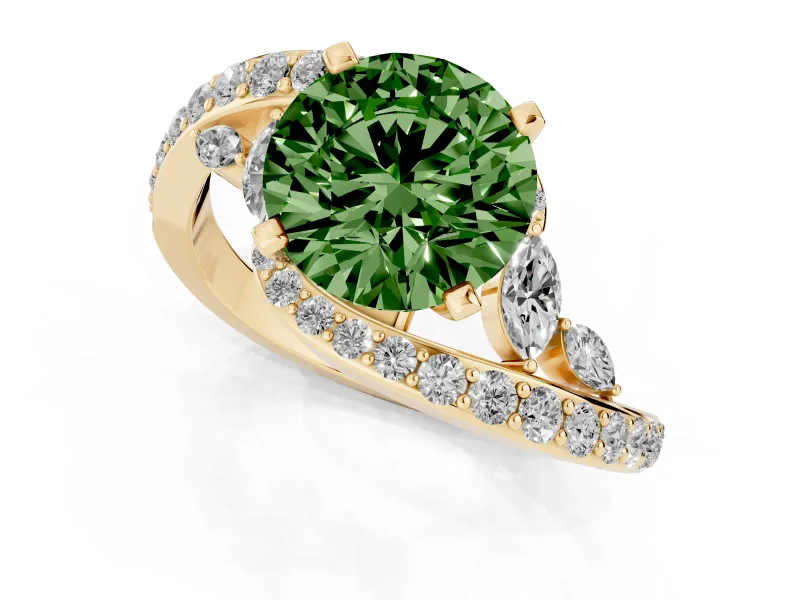 Fancy Green Round Cut Diamond Solitaire Ring Set in Yellow gold with Pavé Twist Band and Secure Prong Setting