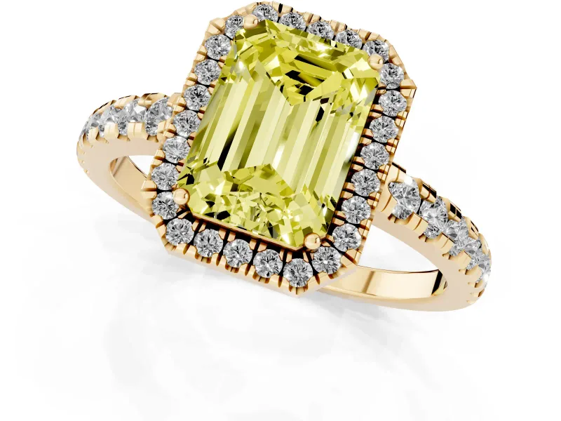 Emerald Cut Halo Engagement Ring Setting for a Fancy Yellow Lab-Grown Diamond | Graduated Pavé Band | Yellow Gold