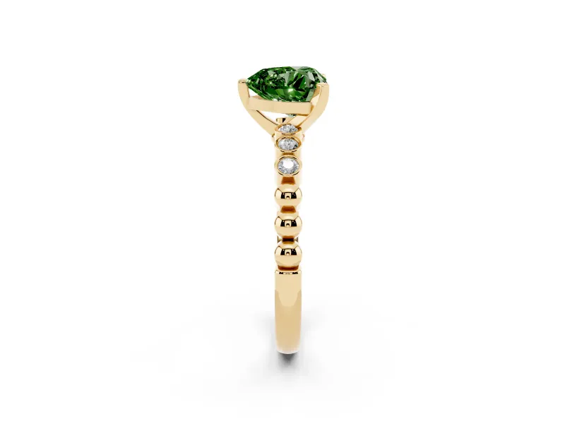 Fancy Green Heart Cut Diamond Solitaire Engagement Ring Set in Yellow gold with Bezel Accents on Beaded Band