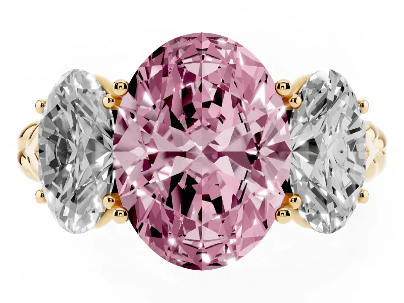 Oval Three Stone Engagement Ring Setting for a Fancy Pink Lab-Grown Diamond | Braided Band | Yellow Gold