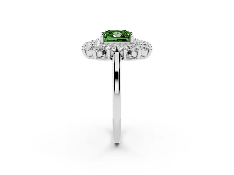 Princess Cut Floral Double Halo Engagement Ring Setting for a Fancy Green Lab-Grown Diamond | Plain Band | White Gold