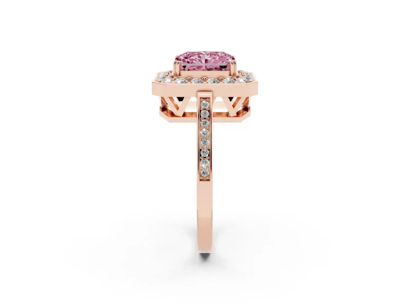 Radiant Cut Halo Engagement Ring Setting for a Fancy Pink Lab-Grown Diamond | Polished Halo Rim | Rose Gold
