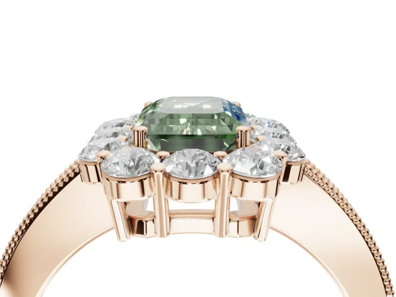Emerald Cut Vintage Halo Engagement Ring Setting for a Fancy Green Lab-Grown Diamond | Rose Gold