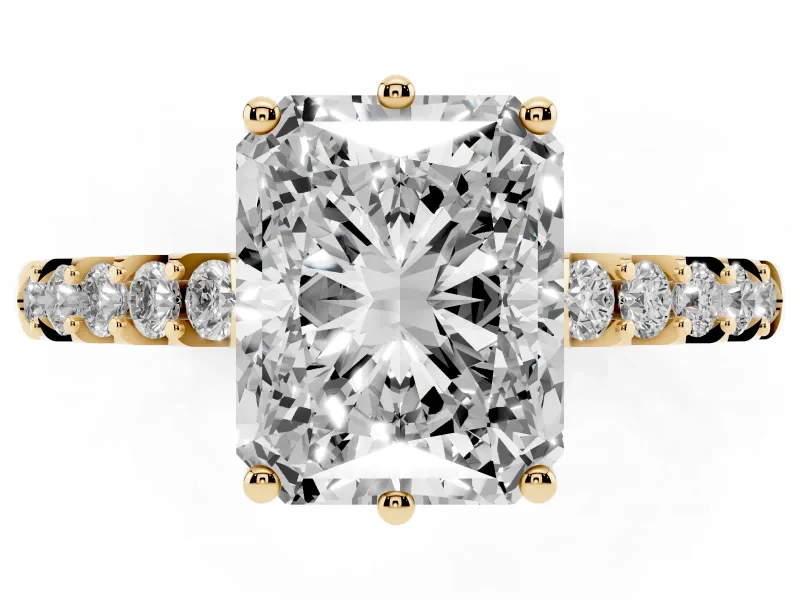 Radiant Cut Hidden Halo Solitaire Engagement Ring Setting | Shared Prong Band | Yellow Gold
