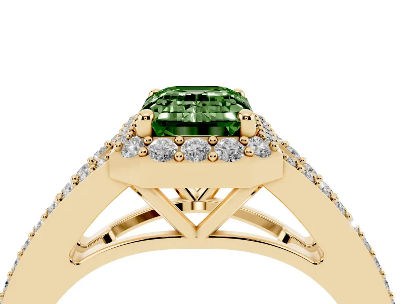 Emerald Cut Halo Engagement Ring Setting for a Fancy Green Lab-Grown Diamond | V-Split Pavé Band | Yellow Gold