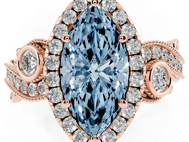 Marquise Vintage Halo Engagement Ring Setting for a Fancy Blue Lab-Grown Diamond | Bezel Shoulder Accents | Rose Gold