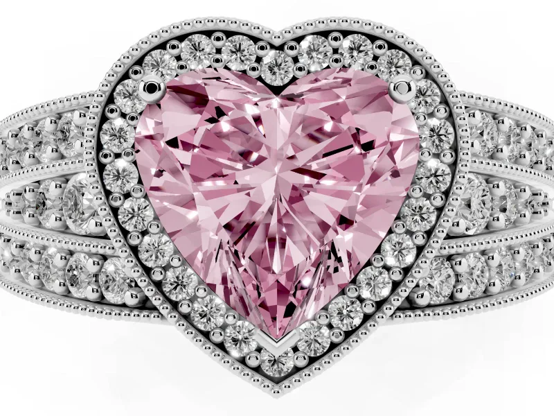 Fancy Pink Heart Cut Diamond Halo Ring Set in White gold with Accent Split Shank and Prong Setting