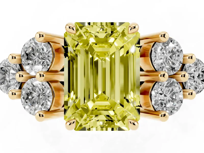 Emerald Cut Cluster Side Stone Engagement Ring Setting for a Fancy Yellow Lab-Grown Diamond | Plain Band | Yellow Gold