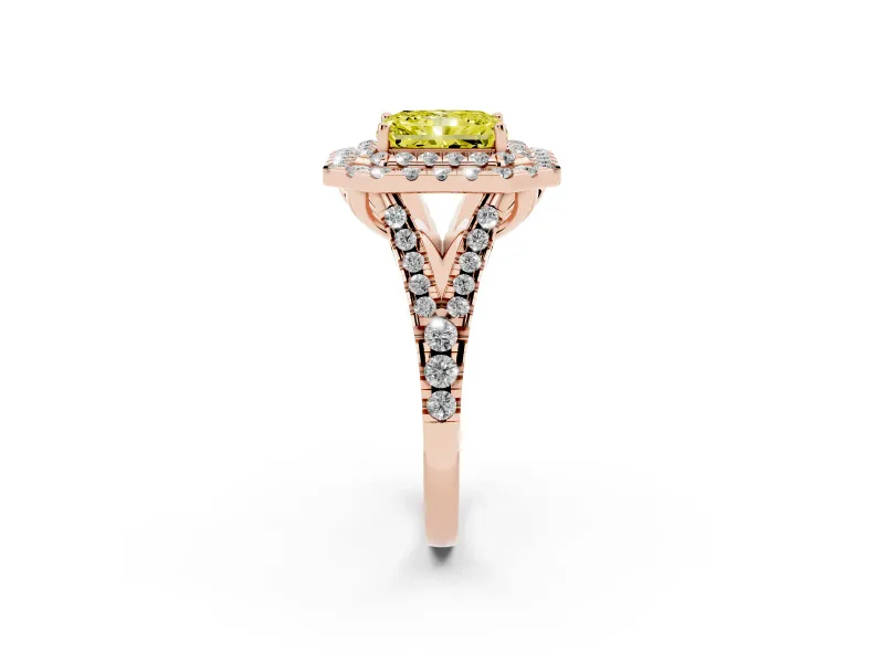 Radiant Cut Halo Split Shank Engagement Ring Setting for a Fancy Yellow Lab-Grown Diamond | Pavé Strands | Rose Gold