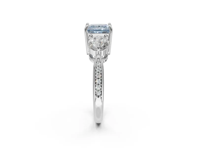 Princess Cut Three Stone Engagement Ring Setting for a Fancy Blue Lab-Grown Diamond | Tapered Pave Band | Platinum