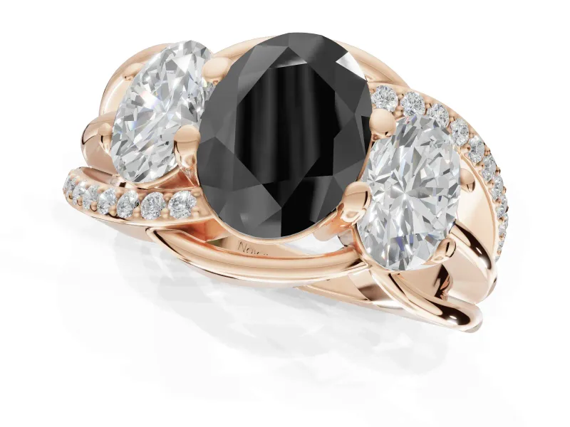 Oval Three Stone Split Shank Engagement Ring Setting for a Black Center | Matching Sides | Rose Gold