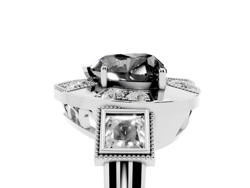 Fancy Black Heart Cut Diamond Milgrain Halo Ring Set in Silver with Split Shank