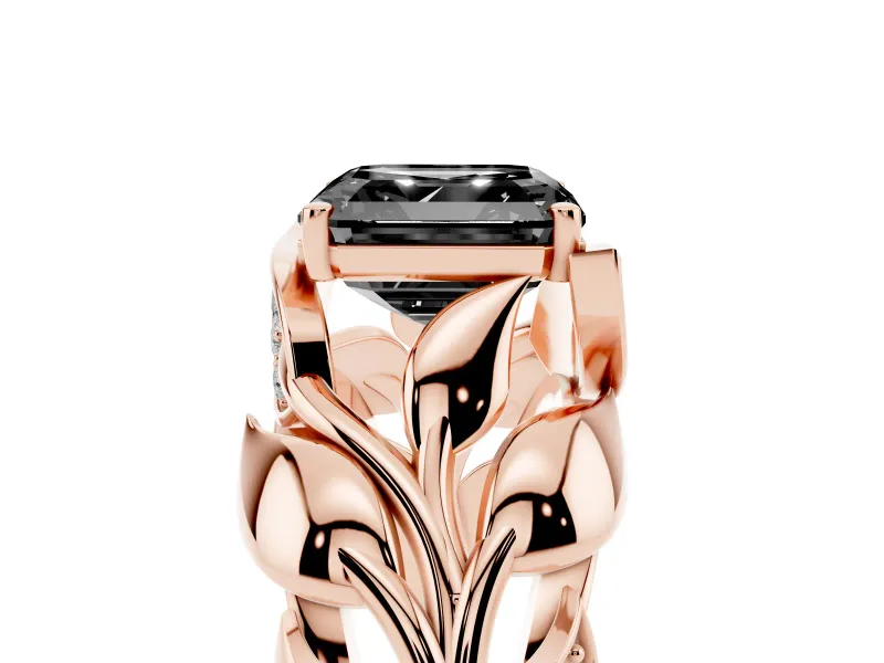 Asscher Cut Leaf Bypass Engagement Ring Setting for a Black Center | Pavé Leaf Accents | Rose Gold