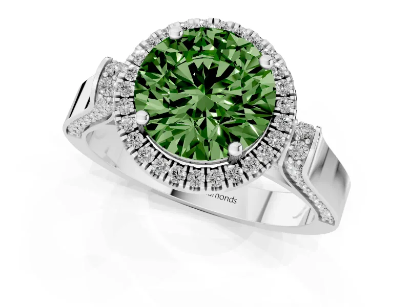 Round Halo Engagement Ring Setting for a Fancy Green Lab-Grown Diamond | Pavé Panel Shoulders | Sterling Silver