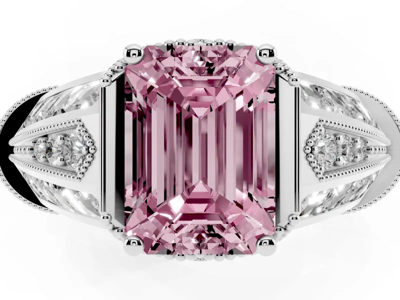 Fancy Pink Emerald Cut Diamond Vintage-Inspired Milgrain Ring Set in White gold with Accent Split Shank