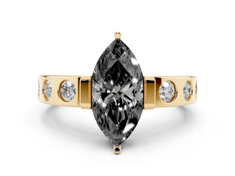 Fancy Black Marquise Cut Diamond Channel-Set Band Ring Set in Yellow gold with Bezel Prong Setting