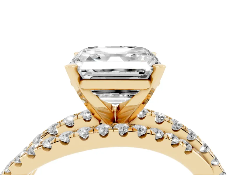 Asscher Cut Diamond Solitaire Twist Band Ring Set in Yellow gold with Pavé Setting and Prong Head