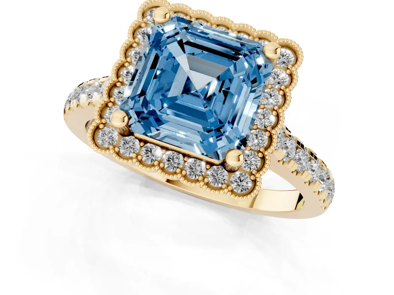 Asscher Cut Milgrain Floral Halo Engagement Ring Setting for a Fancy Blue Lab-Grown Diamond | Pavé Band | Yellow Gold