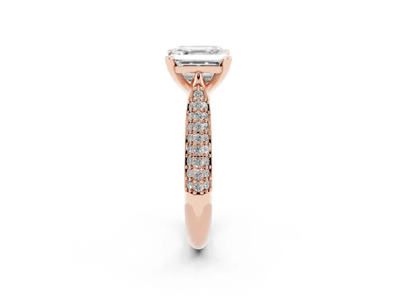 Asscher Cut Diamond Solitaire Engagement Ring Set in Rose gold with Multi-Row Round Pavé Band and Prong Setting
