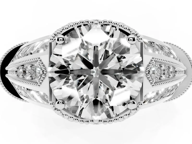Round Cut Diamond Vintage-Inspired Milgrain Ring Set in White gold with Accent Split Shank