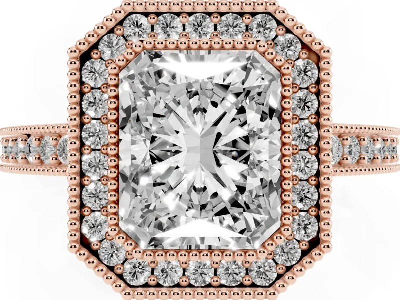 Radiant Cut Diamond Halo Engagement Ring Set in Rose gold with Pavé Band and Round Halo Stones