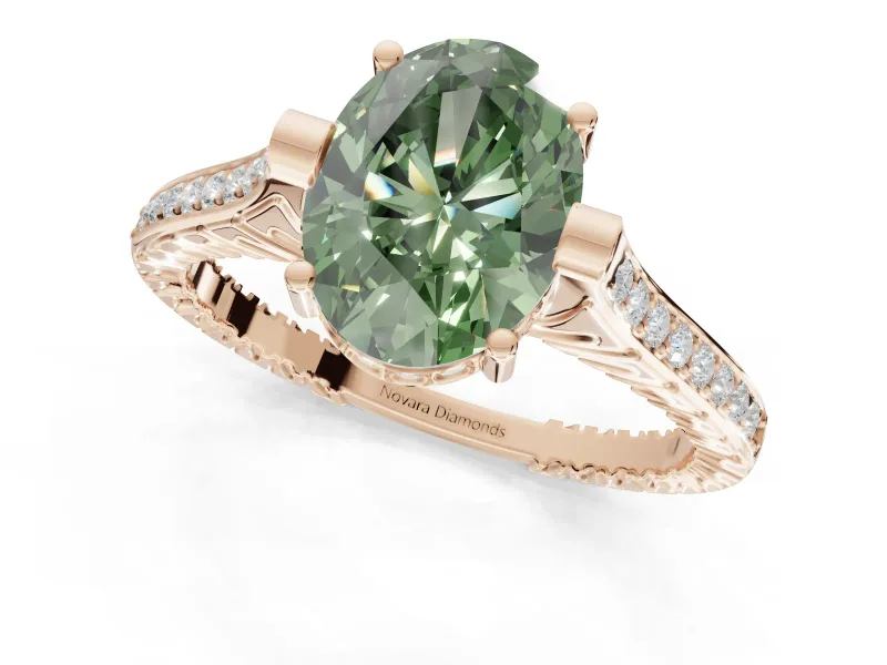 Oval Vintage Cathedral Engagement Ring Setting for a Fancy Green Lab-Grown Diamond | Carved Band | Rose Gold