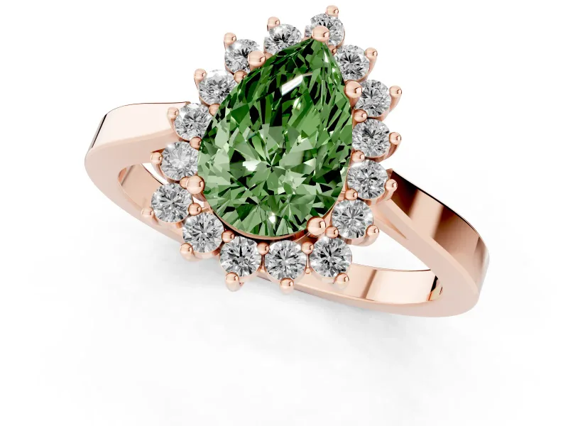 Fancy Green Pear Cut Diamond Halo Ring Set in Rose gold with Round Halo and Smooth Solitaire Band