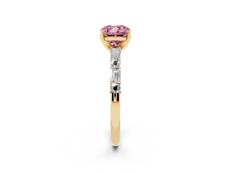 Fancy Pink Cushion Cut Diamond Solitaire Set in Yellow gold with Side Baguettes and Channel Set Band