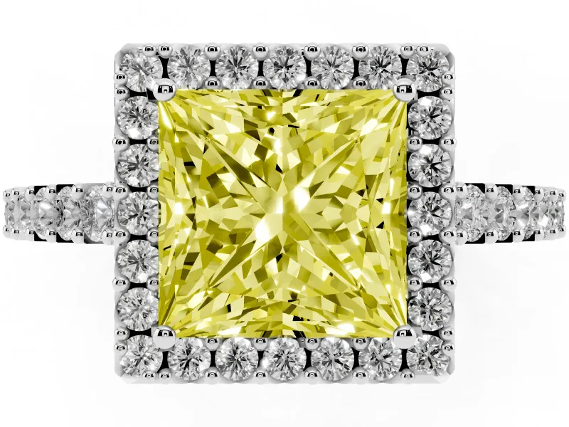 Fancy Yellow Princess Cut Diamond Halo Pavé Solitaire Ring Set in Silver with Prong-Set Center Stone