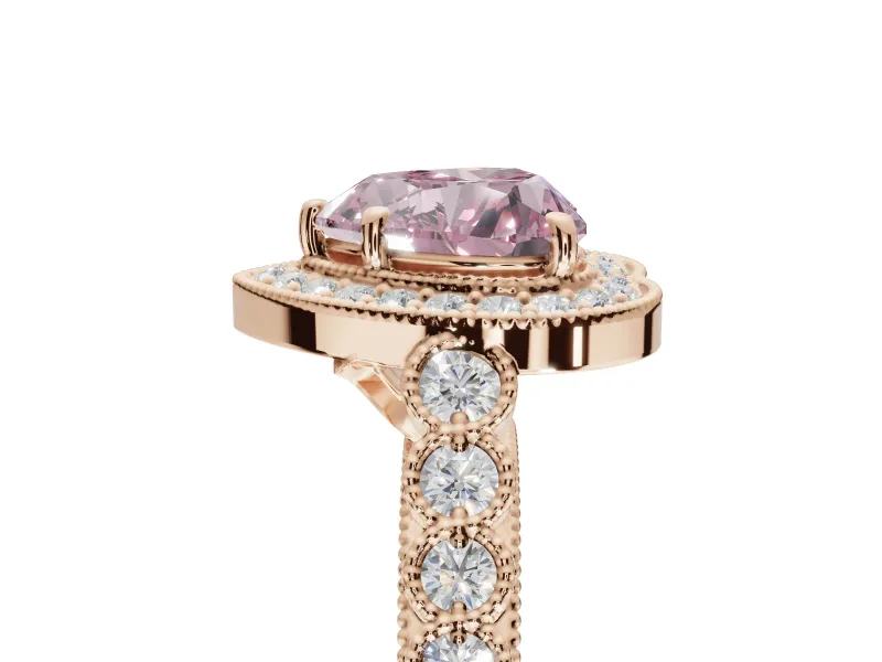 Fancy Pink Heart-Shaped Lab-Grown Diamond Milgrain Halo Solitaire Ring Set in Rose Gold with Bezel Set Side Stones and Pavé Band