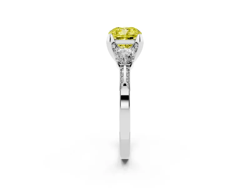 Cushion Cut Hidden Halo Three Stone Engagement Ring Setting for a Fancy Yellow Lab-Grown Diamond | Platinum